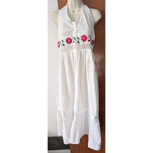 La Chaparrita Embroidered Mexican Halter Dress Cotton Womens Floral White READ